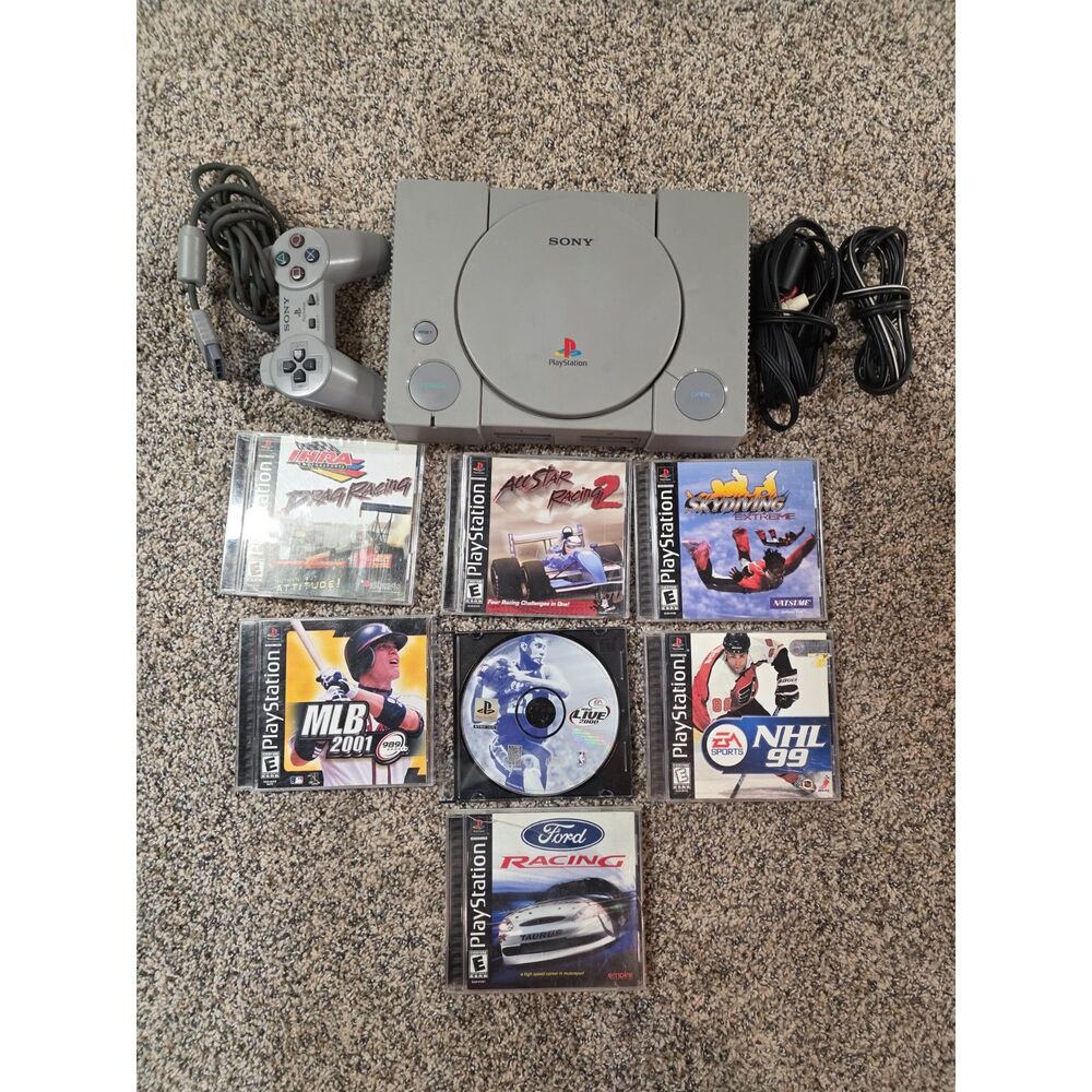 Original Sony PlayStation PS1 Console Bundle w/ Controller, Cables & 7 Games - T